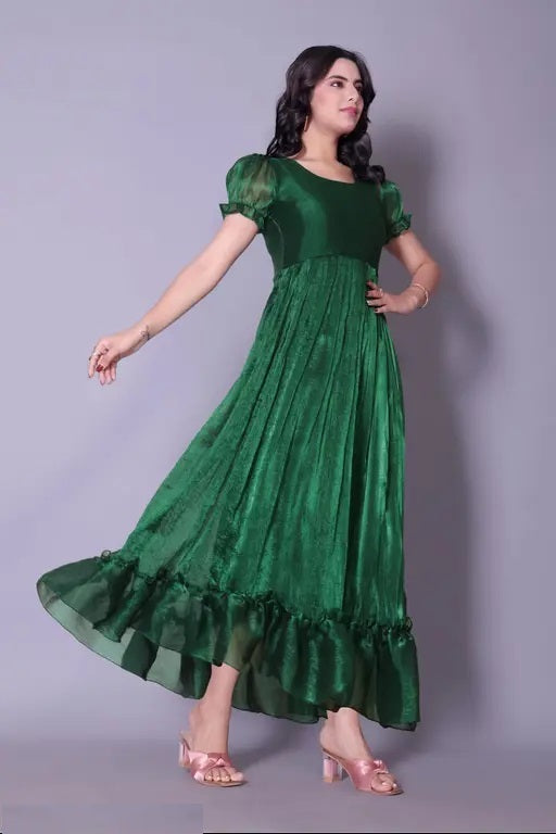 Women's Green Silk Fit & Flare Dress – Below Knee