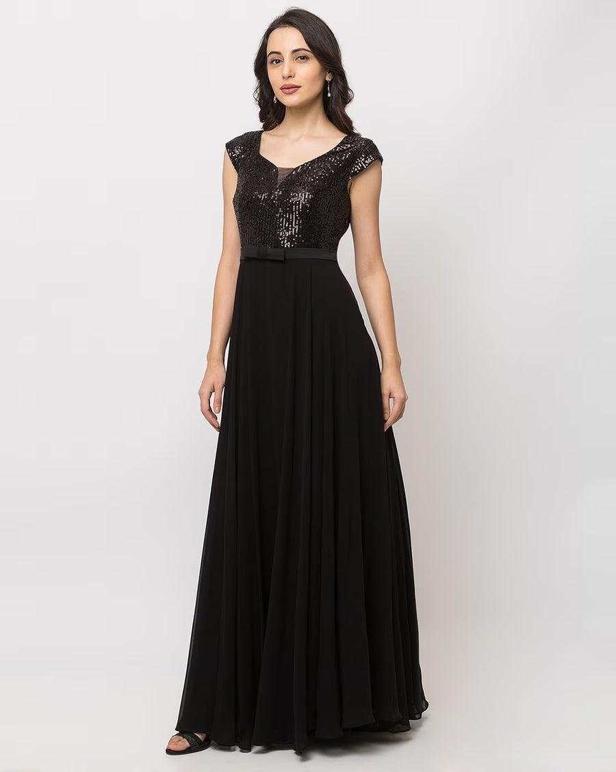 Women's Black Embroidered Georgette Maxi Dress (V-Neck) – Ankle Length