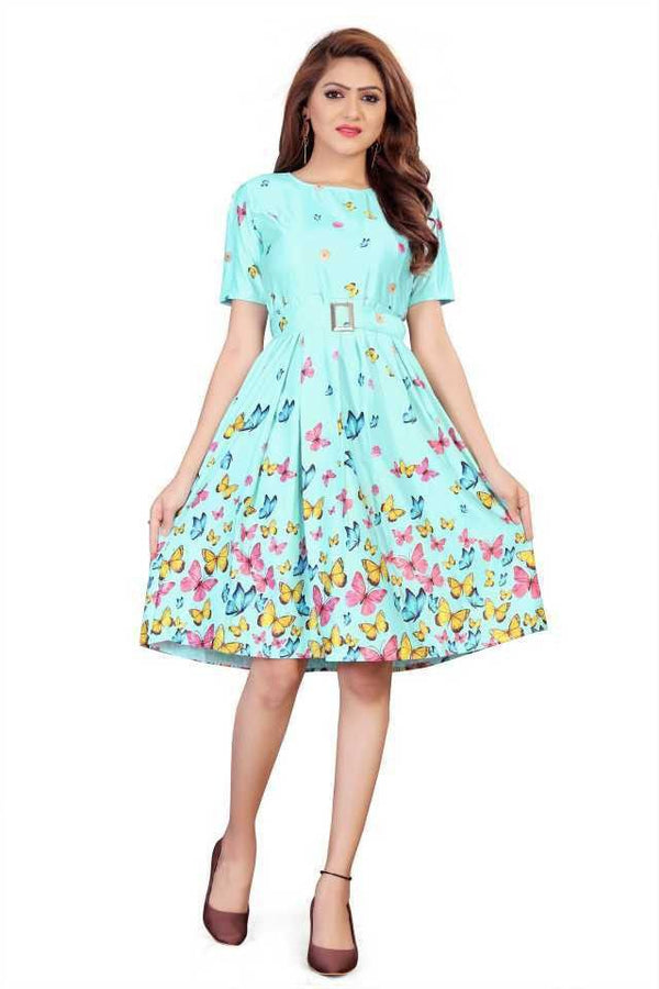 Women's Aqua Blue Floral Print Satin Fit & Flare Dress – Knee Length
