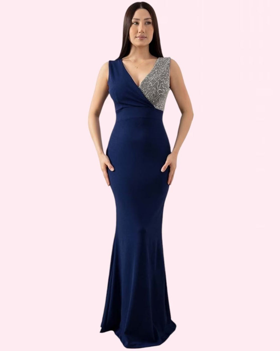 Women's Navy Embroidered Lycra Blend Bodycon Dress – Full Length