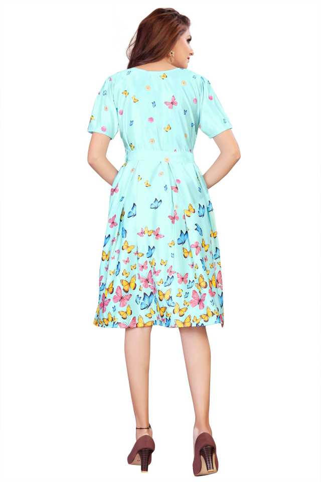 Women's Aqua Blue Floral Print Satin Fit & Flare Dress – Knee Length