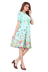 Women's Aqua Blue Floral Print Satin Fit & Flare Dress – Knee Length