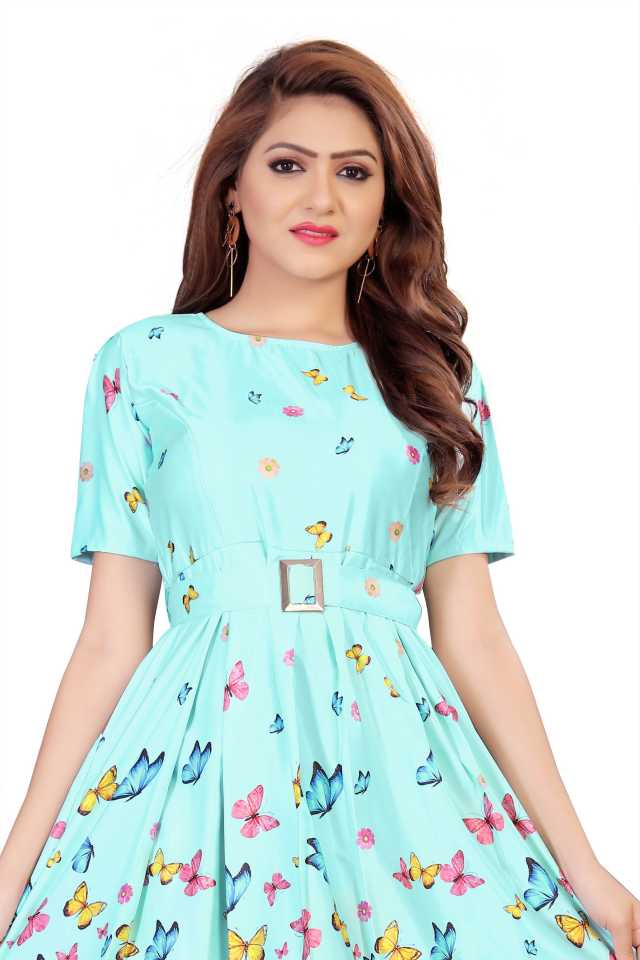 Women's Aqua Blue Floral Print Satin Fit & Flare Dress – Knee Length