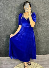 Women's Royal Blue Embellished Velvet Fit & Flare Dress – Full Length