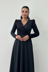 Women's Black Embroidered Lycra Blend Maxi Dress – Full Length