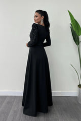 Women's Black Embroidered Lycra Blend Maxi Dress – Full Length