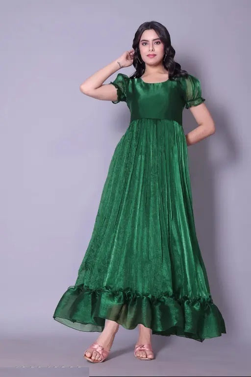 Women's Green Silk Fit & Flare Dress – Below Knee