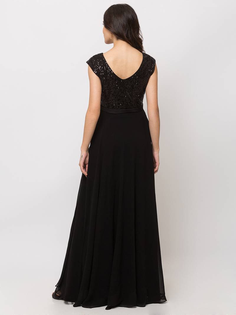 Women's Black Embroidered Georgette Maxi Dress (V-Neck) – Ankle Length