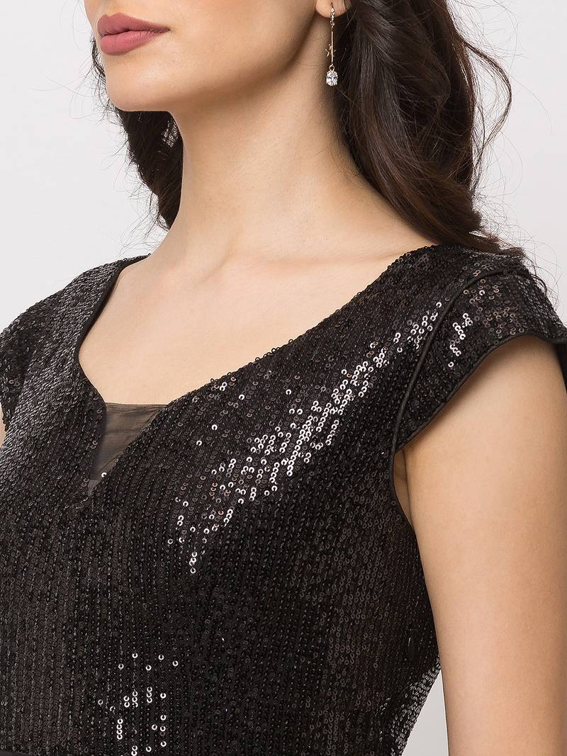 Women's Black Embroidered Georgette Maxi Dress (V-Neck) – Ankle Length