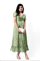 Women's Green Silk Fit & Flare Dress – Below Knee