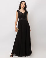 Women's Black Embroidered Georgette Maxi Dress (V-Neck) – Ankle Length