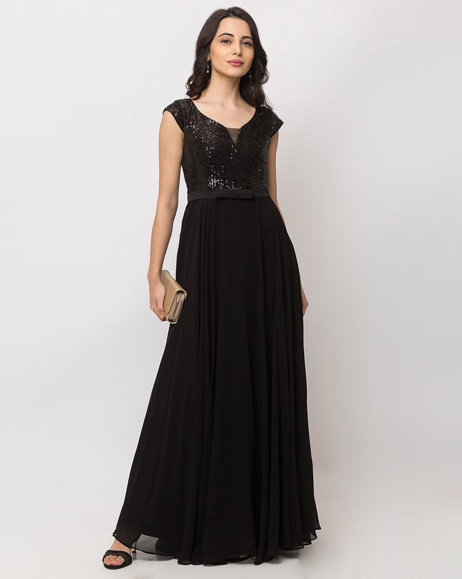Women's Black Embroidered Georgette Maxi Dress (V-Neck) – Ankle Length
