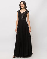 Women's Black Embroidered Georgette Maxi Dress (V-Neck) – Ankle Length