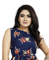 Women's Navy Blue Printed Crepe Fit & Flare Dress – Knee Length