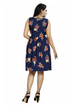 Women's Navy Blue Printed Crepe Fit & Flare Dress – Knee Length