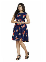 Women's Navy Blue Printed Crepe Fit & Flare Dress – Knee Length