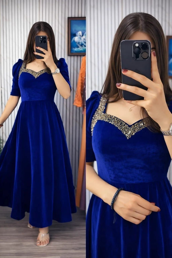 Women's Royal Blue Embellished Velvet Fit & Flare Dress – Full Length