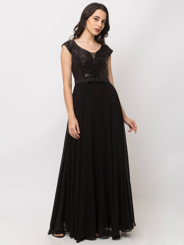 Women's Black Embroidered Georgette Maxi Dress (V-Neck) – Ankle Length