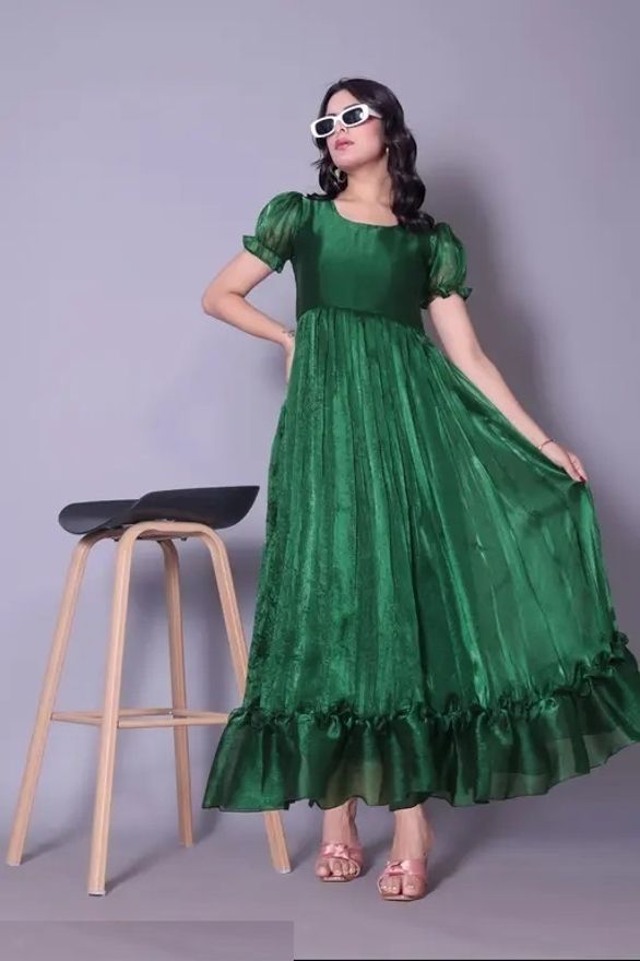 Women's Green Silk Fit & Flare Dress – Below Knee