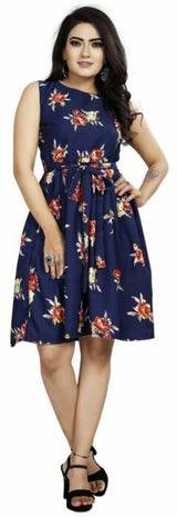 Women's Navy Blue Printed Crepe Fit & Flare Dress – Knee Length