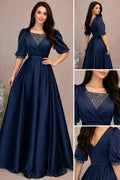 Women's Navy Blue Embroidered Lycra Blend Maxi Dress – Full Length