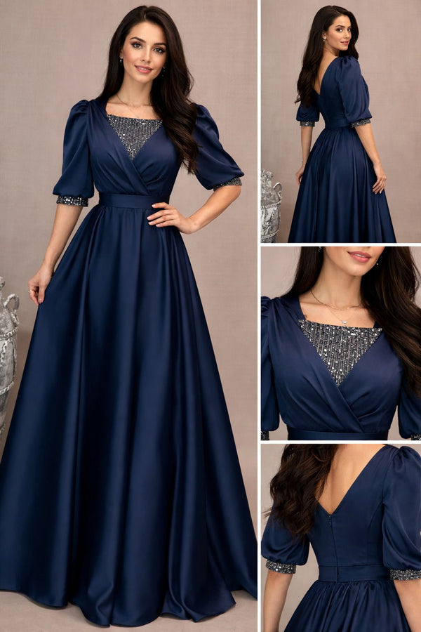Women's Navy Blue Embroidered Lycra Blend Maxi Dress – Full Length