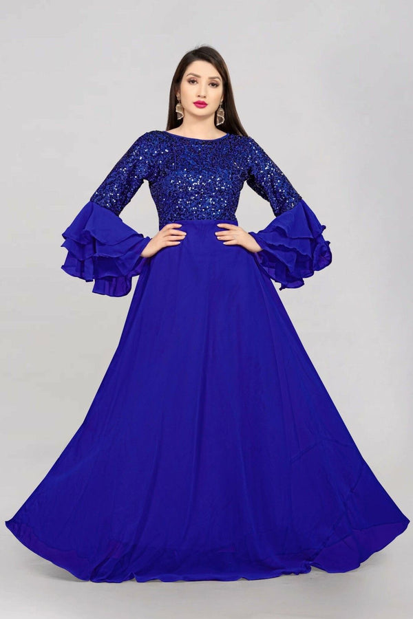 Women's Blue Embroidered Velvet Maxi Dress – Full Length