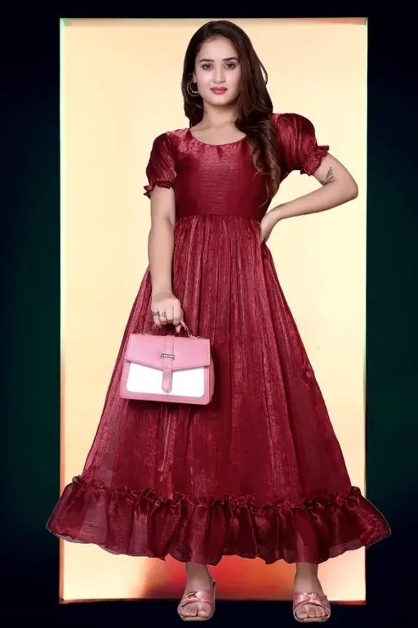 Women's Maroon Embellished Silk Fit & Flare Dress – Midi
