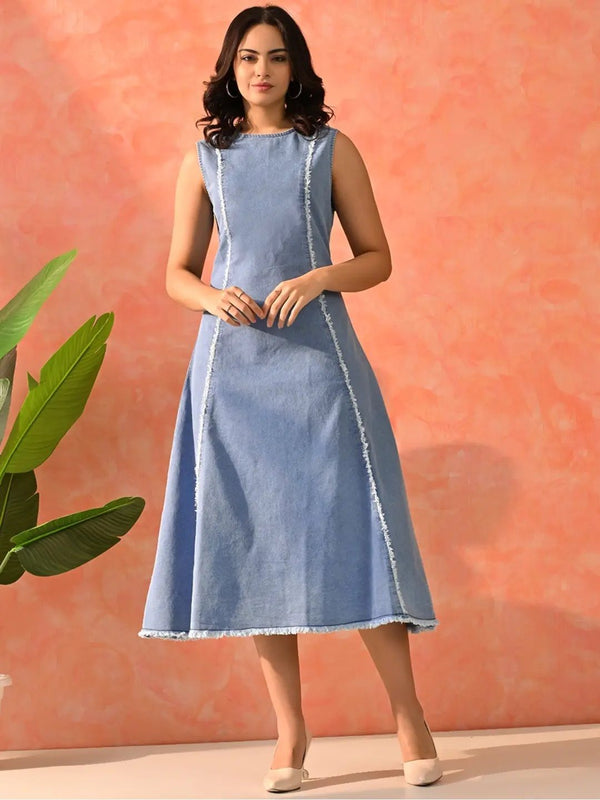 Women's Self Design Denim A-Line Dress – Midi