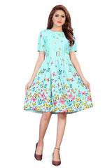 Women's Aqua Blue Floral Print Satin Fit & Flare Dress – Knee Length
