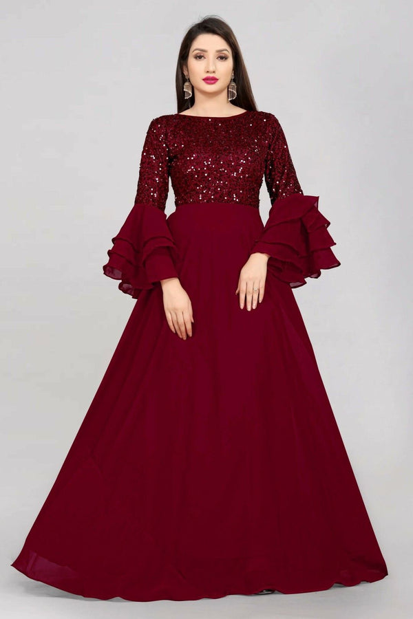 Women's Maroon Embroidered Velvet Maxi Dress – Full Length